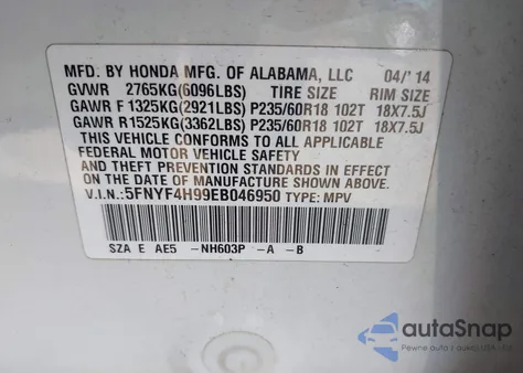 2014 Honda Pilot Touring from USA, damaged, VIN 5FNYF4H99EB046950